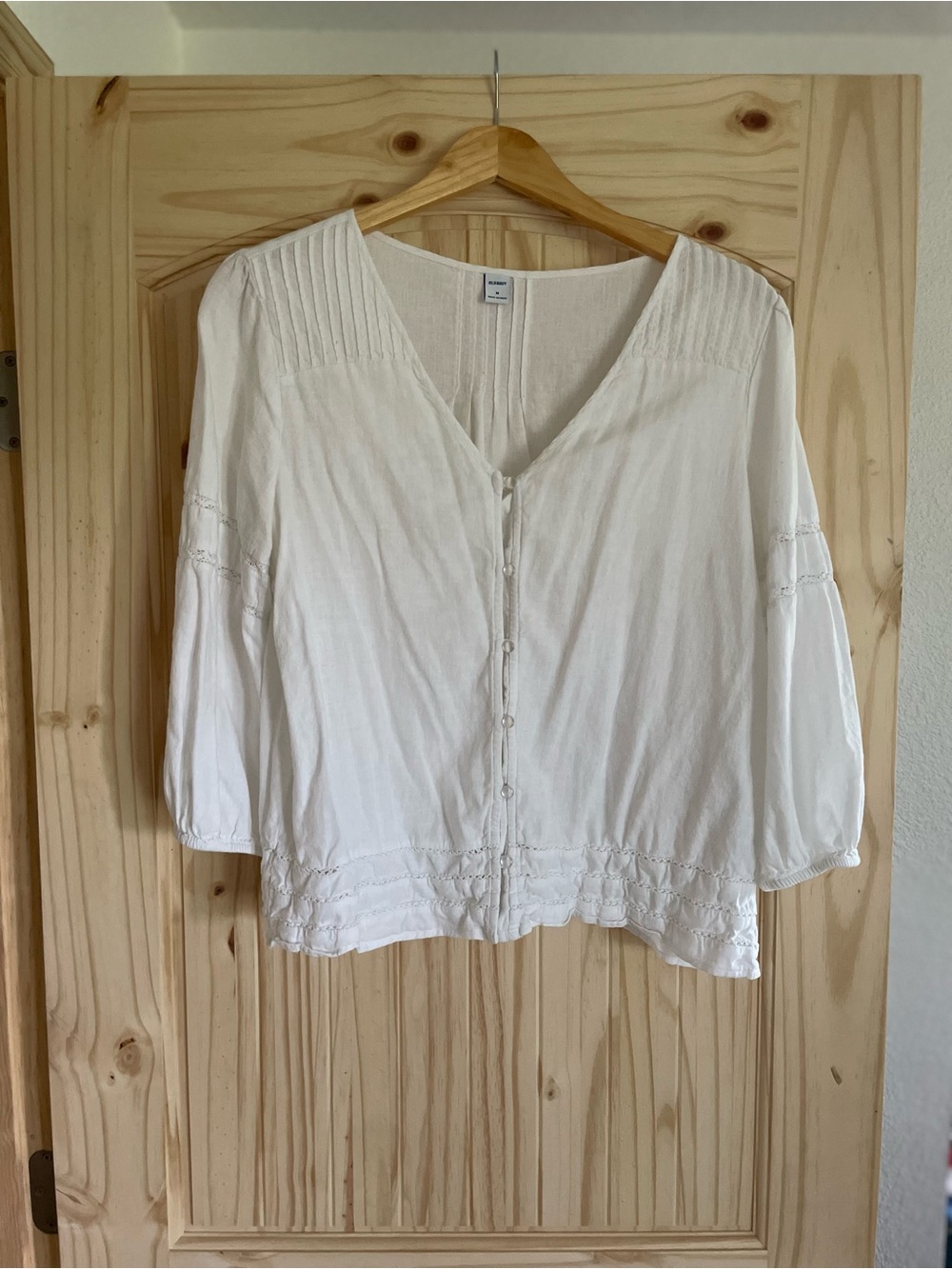 Old Navy White Button-Front Linen Blend Lace Trim Peasant Top 3/4 Sleeves Sz M